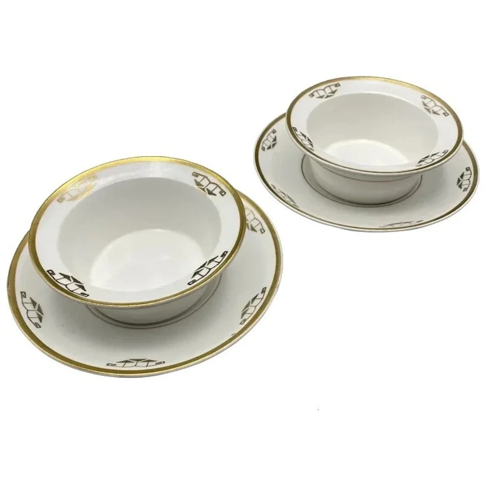 Vintage Pope Gosser China Ramekins and Liners Pair Art Deco Gold Trim